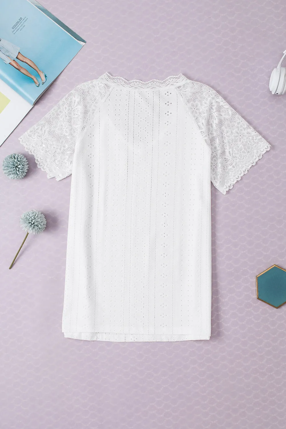 White Sheer Lace Short Sleeves Eyelet Embroidered Tee