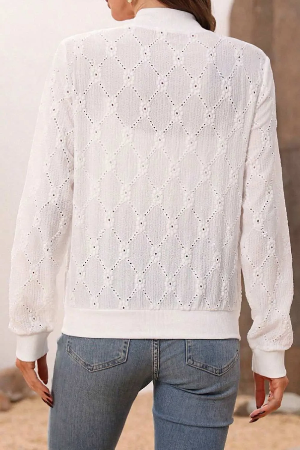 White Solid Color Collared Zipper Jacket