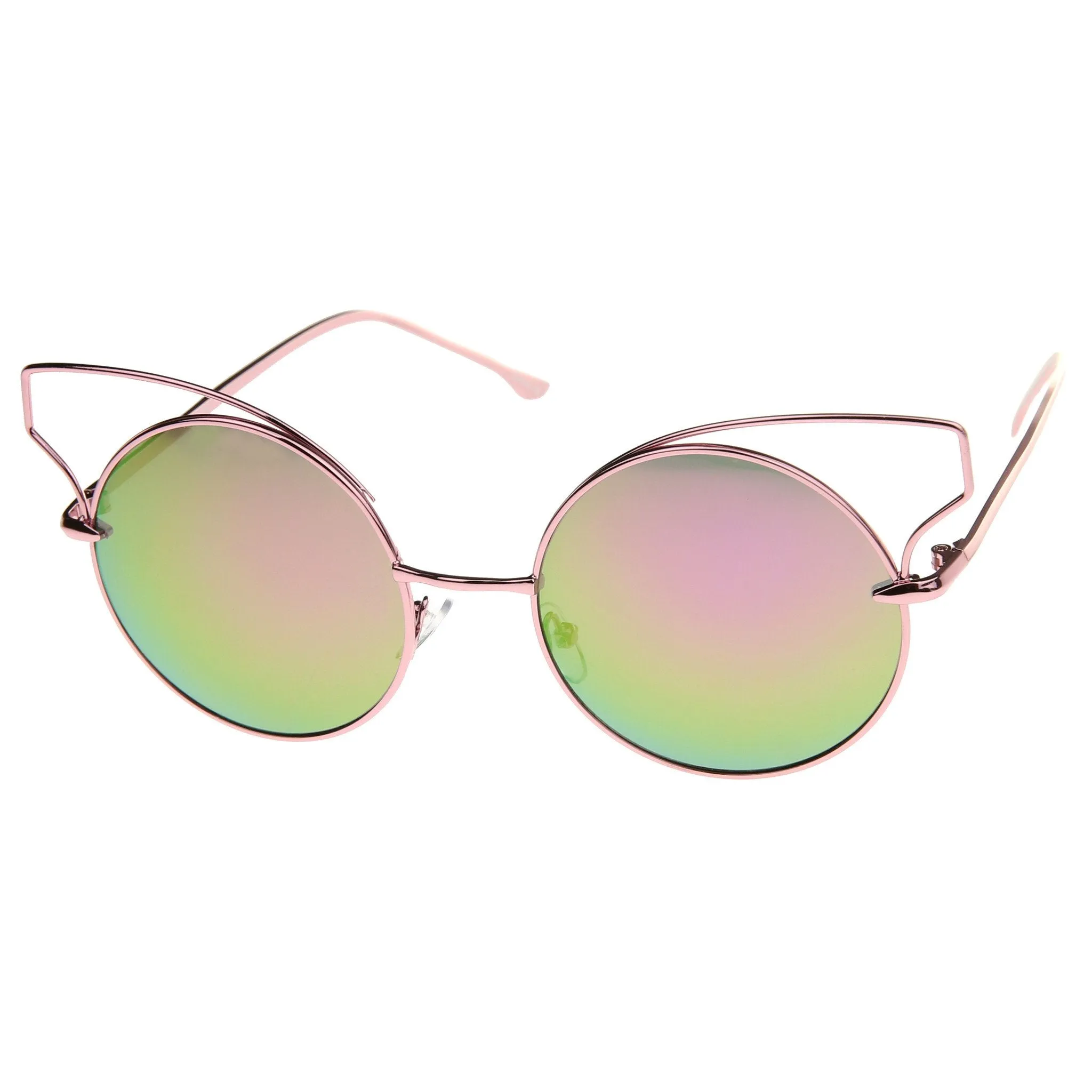 Wire Flare Round Cat Eye Mirrored Lens Sunglasses A341