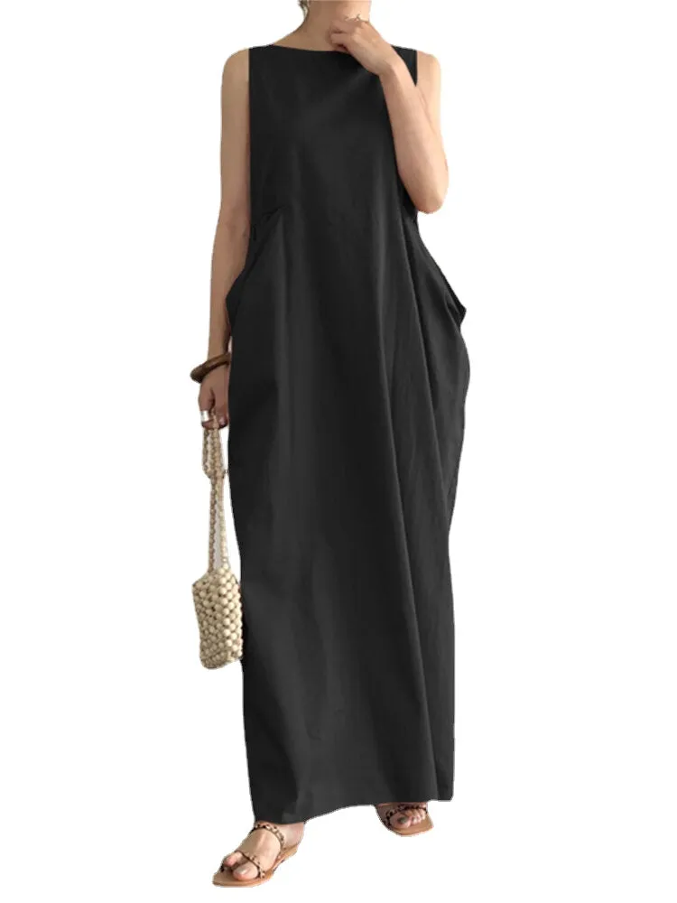 Women Elegant Solid Color Side Pockets Design Sleeveless Casual Maxi Dress