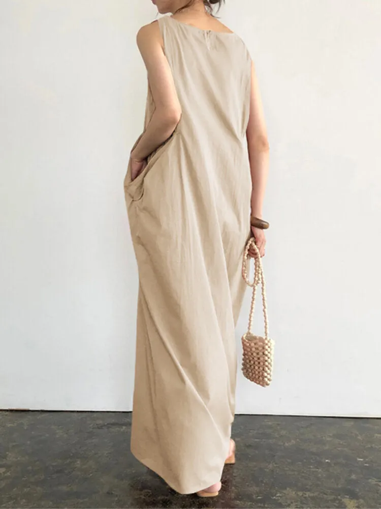 Women Elegant Solid Color Side Pockets Design Sleeveless Casual Maxi Dress